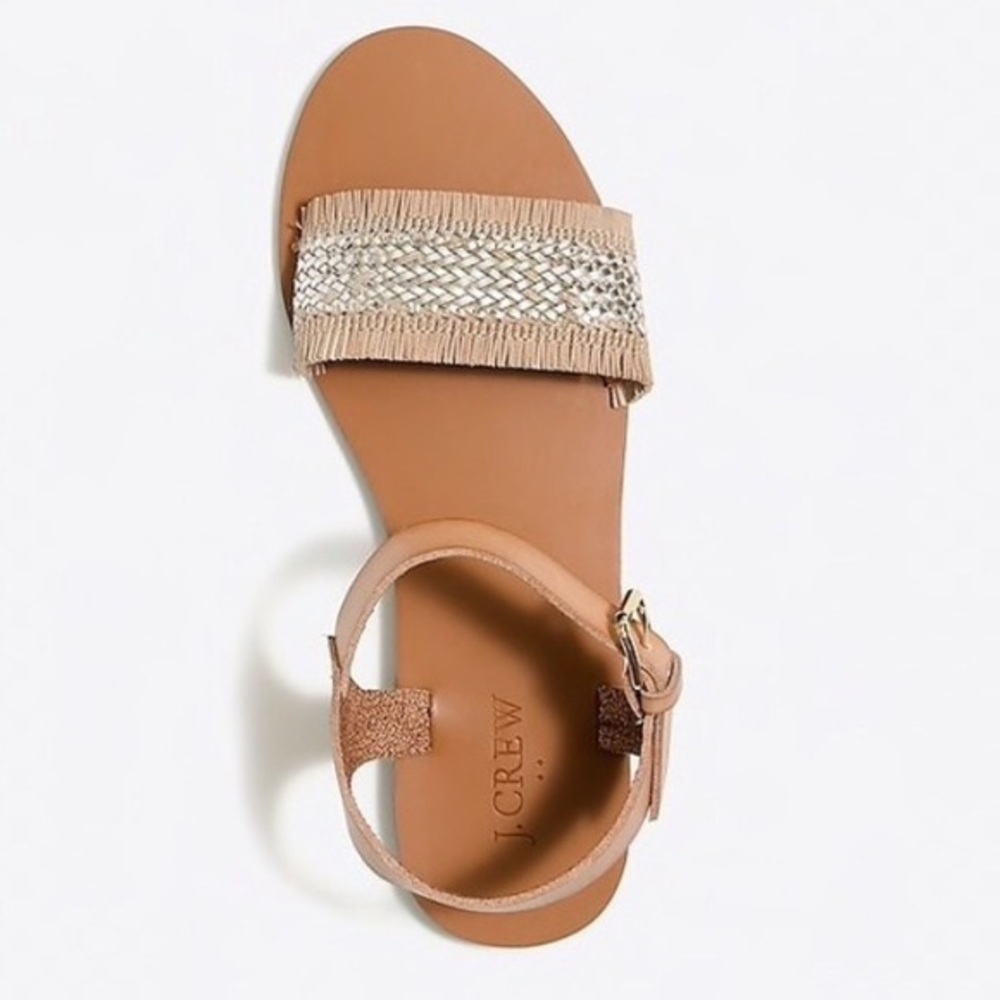 J Crew Factory Raffia Silver and Tan Woven Straw Fringe Sandals | Size 9 - Picture 2 of 13